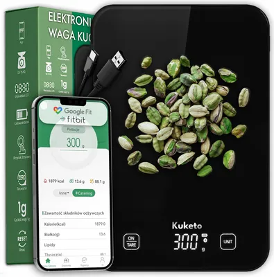 Produktbild von Kuketo Küchenwaage, Smart, Schwarz, 15kg, 1g Genauigkeit, Bluetooth, Kalorienzähler, USB-C, LCD Touchscreen, Tarierfunktion, wasserabweisend, verschiedene Maßeinheiten, Sicherheitsglas, iOS/Android App-kompatibel
