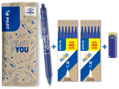 Produktbild von PILOT FriXion Clicker 0.7 Blau – radierbarer Tintenroller, 14-teiliges Set mit 12 Ersatzminen & Radierer