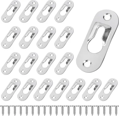 Obrázek produktu pro 20 kovových závěsů s klíčovou dírkou (45 mm x 16 mm) se 40 šrouby, závěsné klipy s klíčovou dírkou pro zavěšení nástěnných skříní, zrcadel a obrazových rámů - stříbrná barva