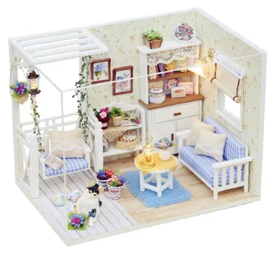 Image de Kit de modélisme DIY pour diorama en bois : miniature d'un salon avec éclairage LED et meubles