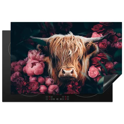 Produktbild von KitchenYeah© Herdabdeckplatte Kuh - Schottischer Highlander - Blumen - Botanisch , 81x52cm, Küche Deko, Glaskeramikkochfeld Herdabdeckung, Abdeckplatte fùr Kochfeld