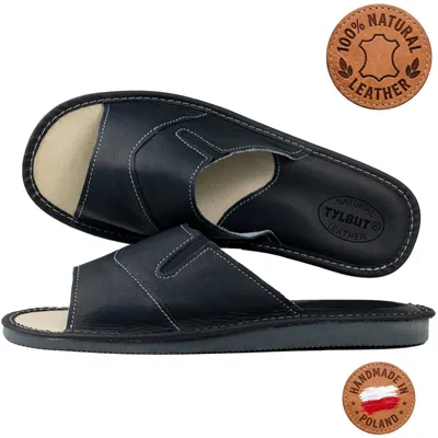 Image de Pantoufles pour hommes, en cuir véritable, cuir de vachette, modèle ouvert, couleur noire, cousues à la main, taille 44