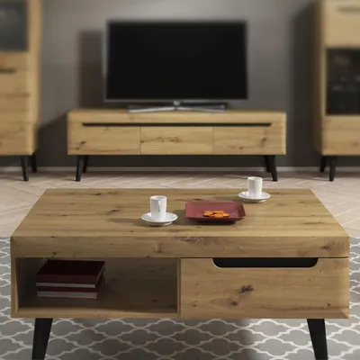 Obrázok produktu pre Komoda, konferenčný stolík, stolík SUDBURRY - dub - čierne akcenty - 2 zásuvky - šírka 107 cm, výška 46 cm, hĺbka 67 cm