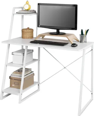 Produktbild von SoBuy® Schreibtisch, Computertisch, Arbeitstisch mit 3 Ablageflächen, weiß, FWT29-W