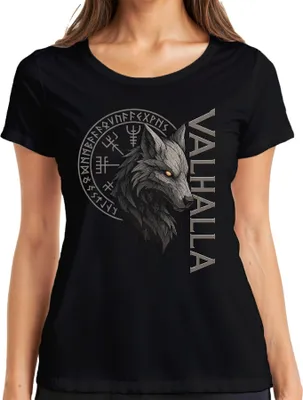 Obrázek produktu pro Dámské tričko Valhalla Viking Wolf's Head Runes Norse Mythology Fenrir, černá, M
