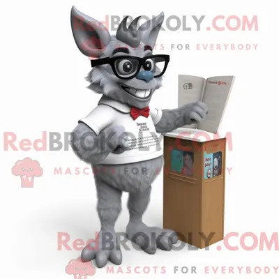 Immagine prodotto di Personaggio mascotte REDBROKOLY di un diavolo grigio vestito con pantaloncini e occhiali da lettura