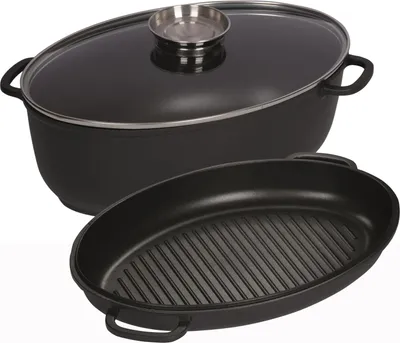A black oval-shaped roasting pan with a glass lid and a separate grill pan, shown on a white background.