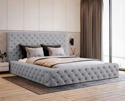 Obrázek produktu pro Čalouněná postel 140x200 Amor s úložným prostorem, roštem – dvojlůžko Chesterfield sametová látka (šedá – Elegance 19)