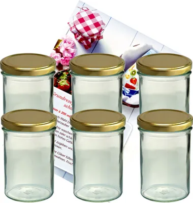 Immagine prodotto di set di 6 bicchieri da 435 ml barattolo da marmellata barattolo da conserva barattolo da conserva To 82 coperchio dorato incl. libretto di ricette di gelatina zucchero di diamante