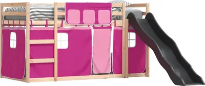 Obrázek produktu pro vidaXL Patrová postel se skluzavkou a závěsy Růžová 80x200 cm