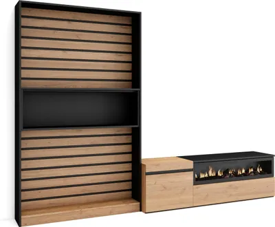 Produktbild von Wohnwand Wohnzimmer, 260x35x186cm, Für TV-Geräte bis zu 65", Elektrokamin, Eiche und Schwarz