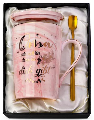 Productafbeelding van Koffiekop "Oma", 14 oz, roze marmerlook, keramiek, met lepel en deksel
