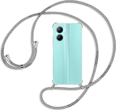 Produktbild von Handykette Backcover-Schutzhülle mit Band (Metall silberfarben) für Realme C33 (RMX3624, 6.5'') - weiß/grau kariert