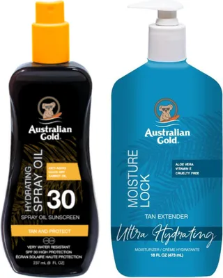 Produktbild von Australian Gold Sonnenpflege-Set: Karottenöl Sonnenspray SPF 30 + Moisture Lock After Sun Balsam, wasserfest