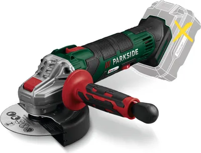 A cordless angle grinder is shown against a white background.