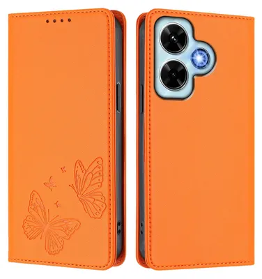 Produktbild von Lederhülle für Xiaomi Redmi Note 13 4G, Schmetterling Prägung Leder Brieftasche Schutzhülle mit Ständer Orange