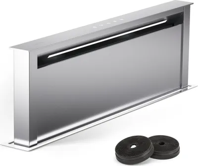 A stainless steel downdraft range hood is shown against a white background, with two charcoal filters in the foreground.