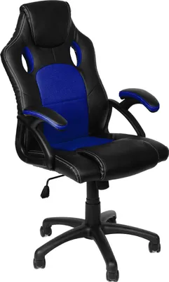 A black and blue racing-style office chair is shown against a white background.