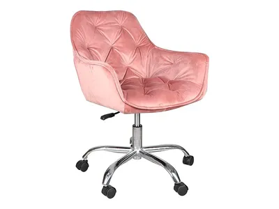 A pink velvet office chair with a silver base and wheels, isolated on a white background.