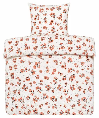 Produktbild von 2-tlg. Seersucker Bettwäsche, 135x200 +80x80cm, bügelfrei, weiss mit Blumen in orange, 100% Baumwolle