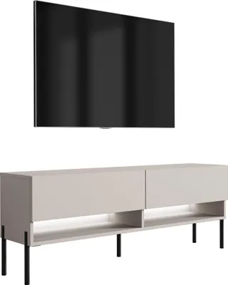 Zdjęcie produktu dla TV lowboard 140 cm kaszmir, proste czarne nogi, biały LED, 140 × 32 × 52 cm