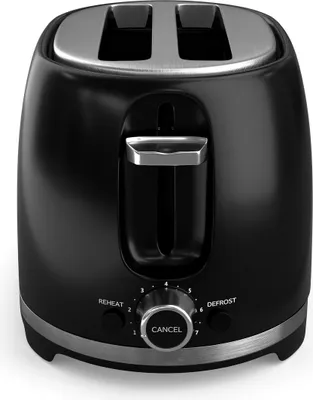 A black toaster with silver accents, shown from a front-facing diagonal angle against a white background.