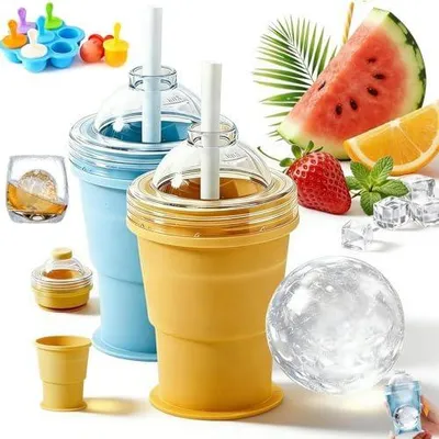 Produktbild von 2-in-1-Eiswürfelbecher aus Silikon, faltbarer Eishockey-Becher, wiederverwendbare, tragbare IceSphere-Form mit Strohhalm und Deckel, auslaufsichere ICES-Ball-Kaffeebecher für Camping, Büro, Cocktails (gemischt)