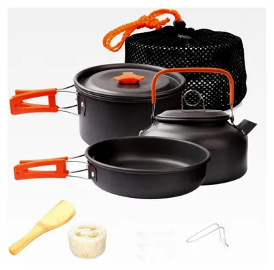 Produktbild von Camping Kochset Geschirr-Set für 1-2 Personen, tragbarer Aluminiumtopf, Teekessel, Tassen, faltbares Besteck für Camping, Outdoor, Picknick, Wandern