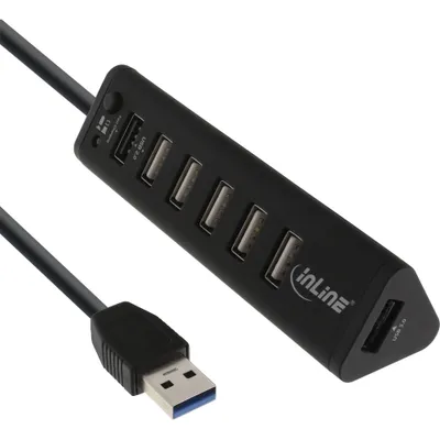 Produktbild von InLine Smart Hub, 7-fach USB 3.0 / 2.0 Hub mit Schnelllade-Anschluss, USB 3.2 Gen 1 (3.1 Gen 1) Type-A, USB 2.0, USB 3.2 Gen 1 (3.1 Gen 1) Type-A, 5000 Mbit/s, Schwarz, ABS Synthetik, 0,5 m