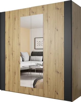 Produktbild von Furniture24 Kleiderschrank Sigma 18 Scwebetürenschrank mit 2 Einlegeboden 2 Kleiderstangen und Spiegel 2 Schubetüren Artisan Eiche/Schwarz Supermatt , 200 cm breit