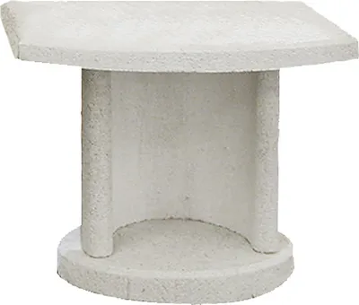 A white side table with a curved top and a hollow base supported by two pillars.