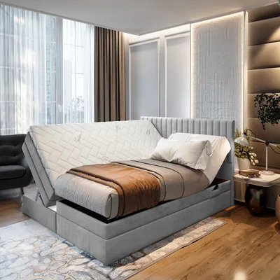 Produktbild von TRADA Adele Boxspringbett 180x200 Elektrisch verstellbar Taschenfederkern Doppelmatratze 9 Zonen Topper Bett mit Bettkasten Velour Stoff Grau
