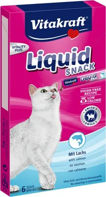 A box of Vitakraft Liquid Snack for cats with salmon flavor.