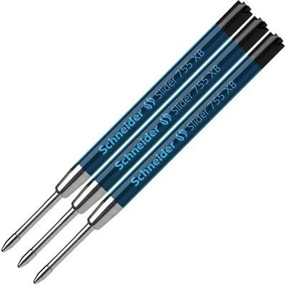 Three blue ballpoint pen refills are arranged diagonally on a white background.