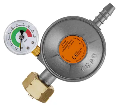 Produktbild von Gasdruckminderer 37 mbar mit Manometer, EFV-Sicherheitsventil, 1,5 kg/h, W21,8 LH, 9 mm Schlauchanschluss