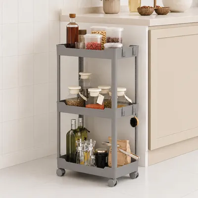 Imagen del producto de Estantería de almacenamiento de 3 niveles con 4 ganchos – Organizador que ahorra espacio para cocina, baño y hogar – Con ruedas – Gris