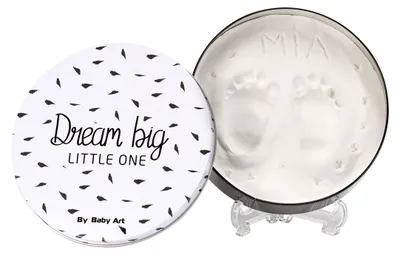 Immagine prodotto di Baby Art Magic Box White and Black Scatola rotonda in metallo con pasta modellabile, set per impronte di mani e piedi, regalo per la nascita o il battesimo