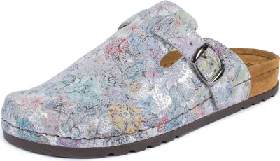 A single clog shoe with a floral pattern is shown against a white background.