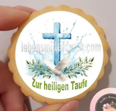 Produktbild von Taufe Wasser Kreuz Taube klein rund Aufleger 1 Seite A4 Fondantpapier Premium extraweiß - extraglatt Ausstanzung rund  5 cm 20 Stk.