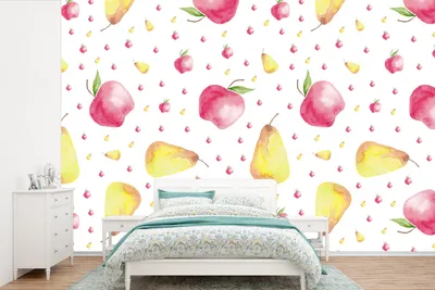 Produktbild von MuchoWow® Fototapete für Wohnzimmer oder Schlafzimmer Wandtapete Vinyl Motivtapete Birnen - Äpfel - Aquarell - 330x220 cm - Fototapeten