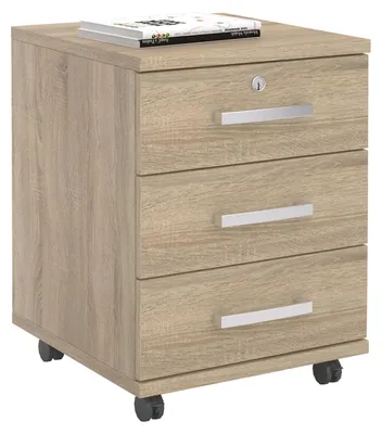 Produktbild von Rollcontainer Bürocontainer Büroschrank VANCOUVER, in Sonoma Eiche, abschließbar mit 3 Schubladen, 44 x 58 x 45 cm