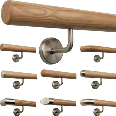 Produktbild von TIBU Esche Holz Handlauf Geländer 0,3m - 5m, Länge 430 cm, Ende Radius gefräst und 5 gewinkelte Halter