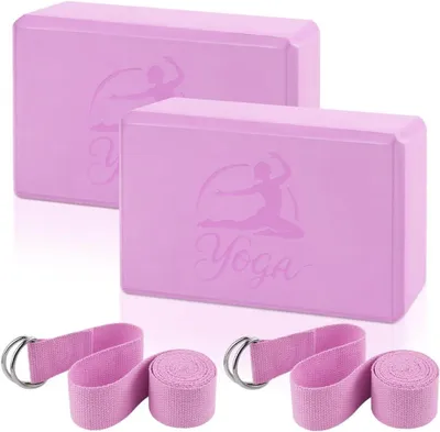 Imagen del producto de Yogaset, que incluye 2 bloques de yoga y 2 correas de yoga, fabricados en espuma EVA, con dimensiones de 23x15x7,6 cm, ideal para Pilates