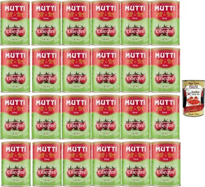Produktbild von Mutti Pomodorini Ciliegini – 24×400 g (9,6 kg) – ganze italienische Kirschtomaten in Tomatensaft, sonnengereift & aromatisch, ideal für Saucen, Pizza, Fisch + Italian Gourmet polpa