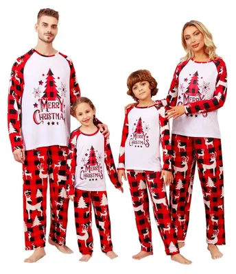 Image de Ensemble pyjama de Noël pour la famille - Manches longues avec motif sapin - Rouge, taille 10-12 ans