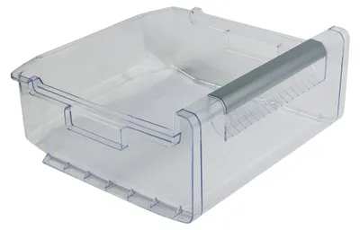 A clear plastic drawer with a gray handle, likely for a refrigerator or freezer.