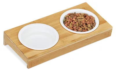 Produktbild von Doppelnapf Katzennapf Futterstation - Bambus - 2 Keramiknäpfe - Natur - Für Katzen, Welpen und kleine Hunde