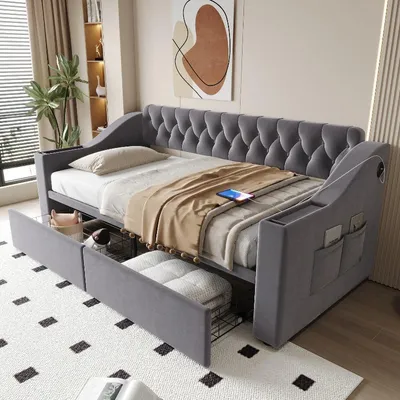 Produktbild von Polsterbett 90x190cm als Schlafsofa mit Stauraumschubladen, USB und Typ C Ladeanschluss, Samtstoff in Dunkelgrau, mit Armlehnen und Rückenlehne