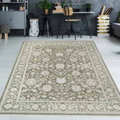 Image de Tapis vert et beige, motif floral, facile d'entretien, robuste et polyvalent. Dimensions : 160 x 230 cm