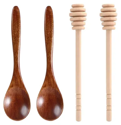 4 Honiglöffel aus Nanmu-Holz, 15 cm + 2 Honigstäbchen, 12 cm